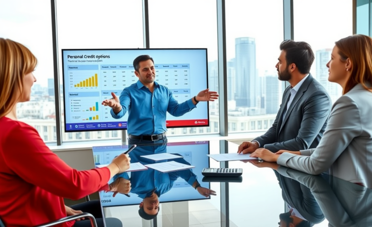 Sessão de consultoria financeira casual com pessoas analisando opções de crédito pessoal e vantagens em escritório moderno