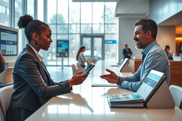 Jovem profissional consultando com um atendente amigável dentro de agência bancária moderna para solicitar crédito com facilidade