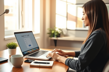 Jovem mulher utilizando laptop em escritório moderno, solicitando crédito digital no Discover Bank com ambiente iluminado e confortável