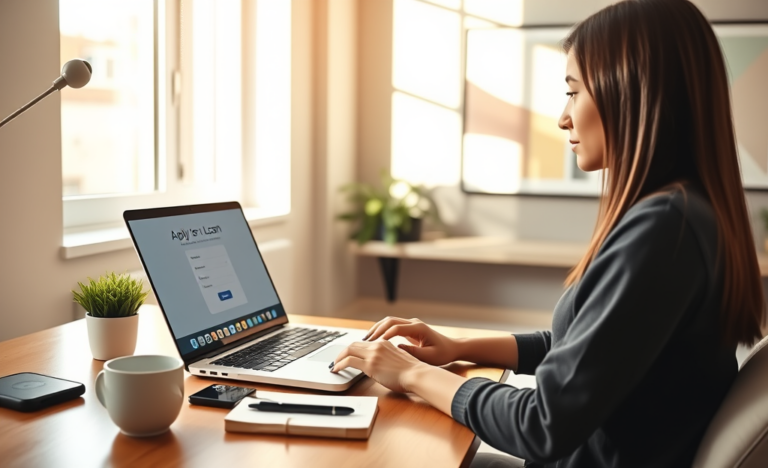 Jovem mulher utilizando laptop em escritório moderno, solicitando crédito digital no Discover Bank com ambiente iluminado e confortável