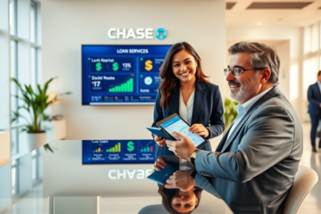 Atendimento rápido para crédito no Chase Bank com representante ajudando cliente em ambiente moderno e acolhedor