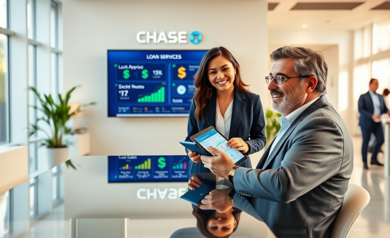 Atendimento rápido para crédito no Chase Bank com representante ajudando cliente em ambiente moderno e acolhedor