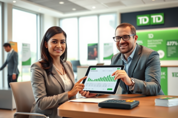Cliente e consultor financeiro em agência moderna do TD Bank EUA analisando uso e vantagens do crédito bancário com tablet e documentos.
