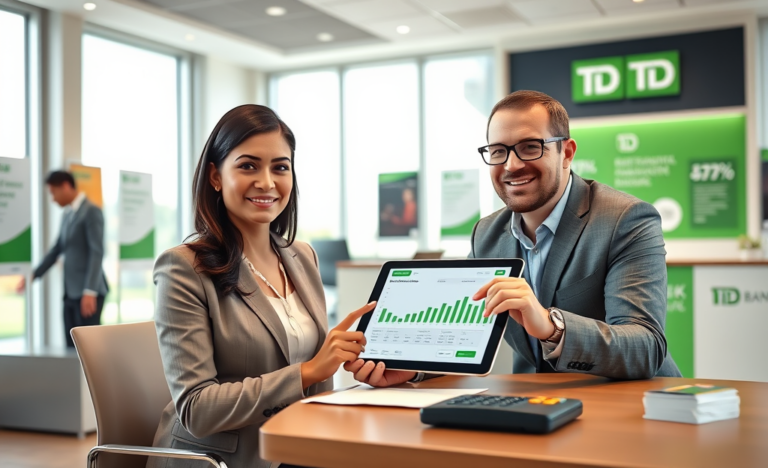 Cliente e consultor financeiro em agência moderna do TD Bank EUA analisando uso e vantagens do crédito bancário com tablet e documentos.