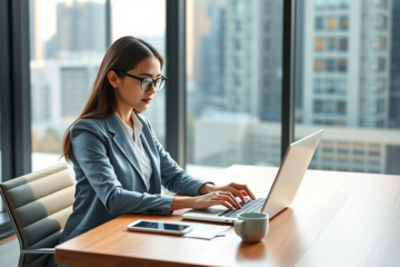 Mulher profissional em escritório moderno usando laptop para solicitar crédito online e comparar opções com facilidade
