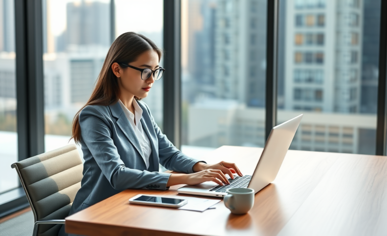 Mulher profissional em escritório moderno usando laptop para solicitar crédito online e comparar opções com facilidade