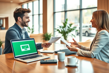 Cliente recebendo aprovação instantânea de empréstimo em banco moderno, mostrando atendimento rápido e eficiente