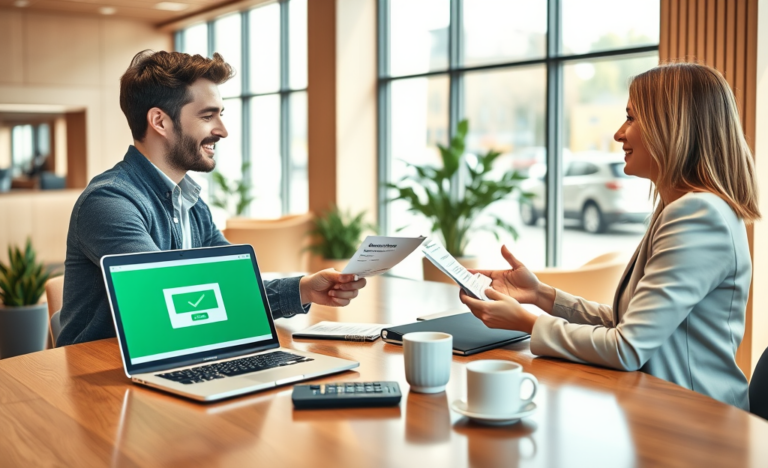 Cliente recebendo aprovação instantânea de empréstimo em banco moderno, mostrando atendimento rápido e eficiente
