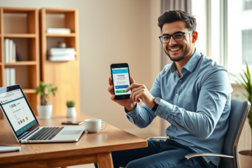 Jovem homem sentado em escritório doméstico usando smartphone para receber empréstimo urgente com dinheiro direto na conta em minutos