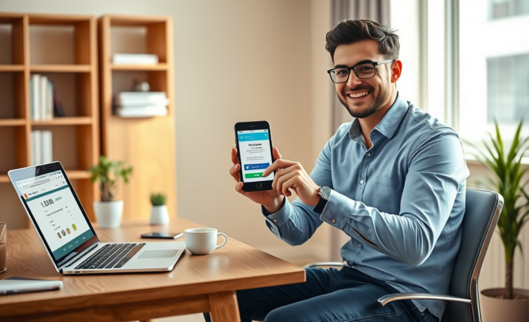 Jovem homem sentado em escritório doméstico usando smartphone para receber empréstimo urgente com dinheiro direto na conta em minutos