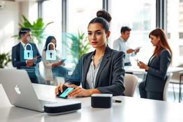 Profissional confiável acessando crédito digital seguro em ambiente moderno de escritório com tecnologia avançada e interface digital