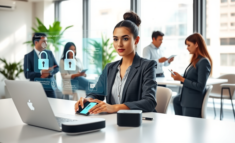 Profissional confiável acessando crédito digital seguro em ambiente moderno de escritório com tecnologia avançada e interface digital