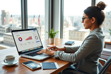 Mulher hispânica em escritório moderno usa laptop para empréstimo online seguro nos EUA em ambiente iluminado e profissional
