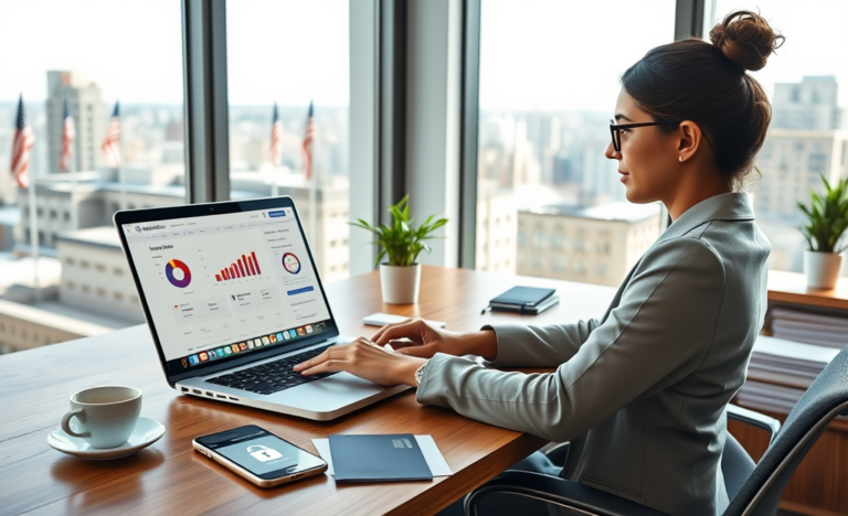 Mulher hispânica em escritório moderno usa laptop para empréstimo online seguro nos EUA em ambiente iluminado e profissional