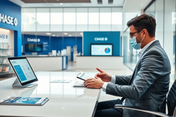 Cliente solicitando crédito rápido no banco Chase com assessor financeiro em ambiente moderno e seguro