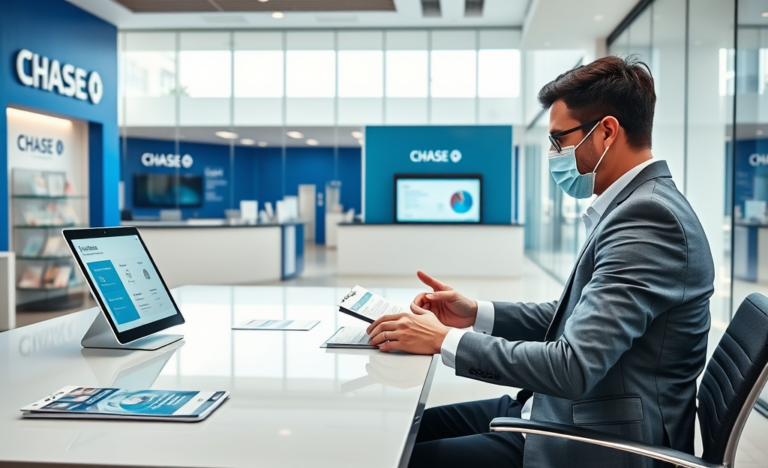 Cliente solicitando crédito rápido no banco Chase com assessor financeiro em ambiente moderno e seguro