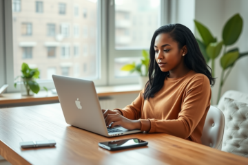 Mulher jovem usando laptop em escritório moderno, solicitando empréstimo online Truist Bank em ambiente claro e acolhedor