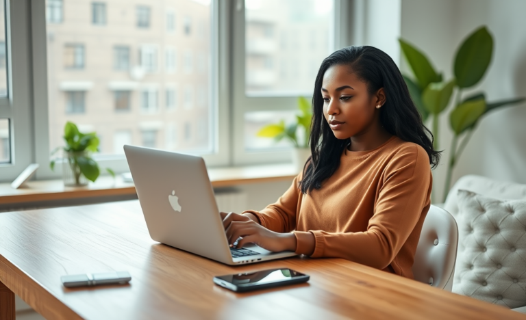 Mulher jovem usando laptop em escritório moderno, solicitando empréstimo online Truist Bank em ambiente claro e acolhedor