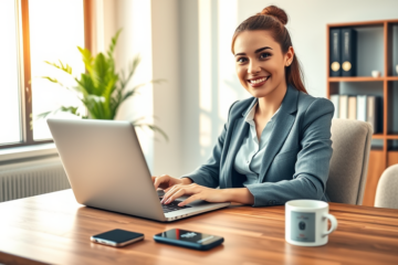 Jovem mulher em escritório moderno solicitando crédito digital com segurança usando laptop e smartphone com brilho natural