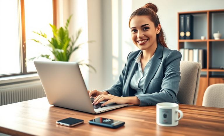 Jovem mulher em escritório moderno solicitando crédito digital com segurança usando laptop e smartphone com brilho natural