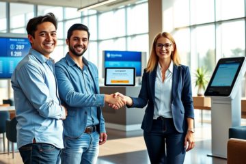 Jovem recebendo aprovação imediata de empréstimo em banco moderno nos EUA com atendente profissional