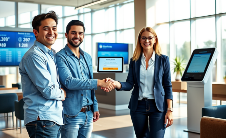 Jovem recebendo aprovação imediata de empréstimo em banco moderno nos EUA com atendente profissional