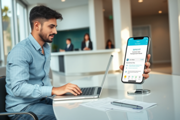 Jovem profissional usando laptop e smartphone em banco moderno representando empréstimo rápido com dinheiro direto na conta em minutos