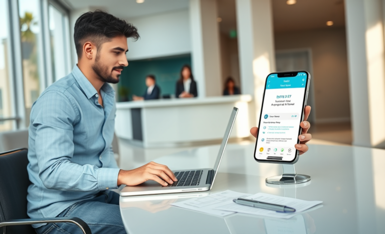 Jovem profissional usando laptop e smartphone em banco moderno representando empréstimo rápido com dinheiro direto na conta em minutos