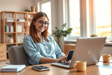 Jovem aplicando online para crédito sem garantias em ambiente doméstico moderno e iluminado com laptop e smartphone