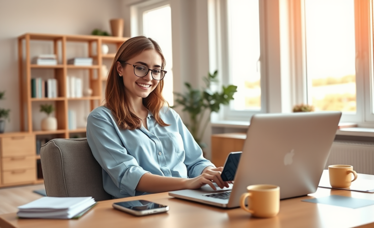 Jovem aplicando online para crédito sem garantias em ambiente doméstico moderno e iluminado com laptop e smartphone