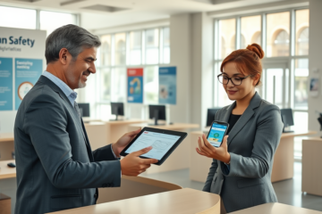 Cliente brasileiro solicitando empréstimo com segurança em ambiente moderno de banco, com atendimento profissional e tecnologia