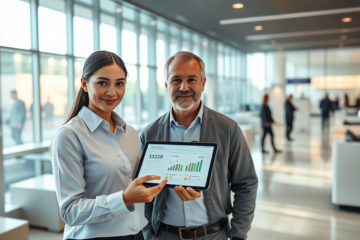 Cliente recebendo atendimento ágil para crédito rápido em moderno banco com consultor em ambiente iluminado e profissional