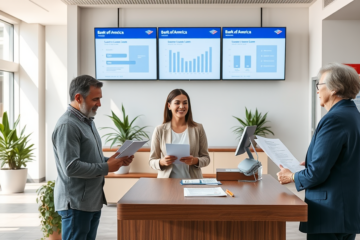 Clientes solicitando empréstimo no Bank of America com atendimento amigável em agência moderna e iluminada