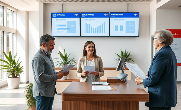 Clientes solicitando empréstimo no Bank of America com atendimento amigável em agência moderna e iluminada