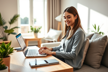 Mulher profissional usando laptop em escritório moderno para solicitar crédito online agora mesmo com rapidez e facilidade