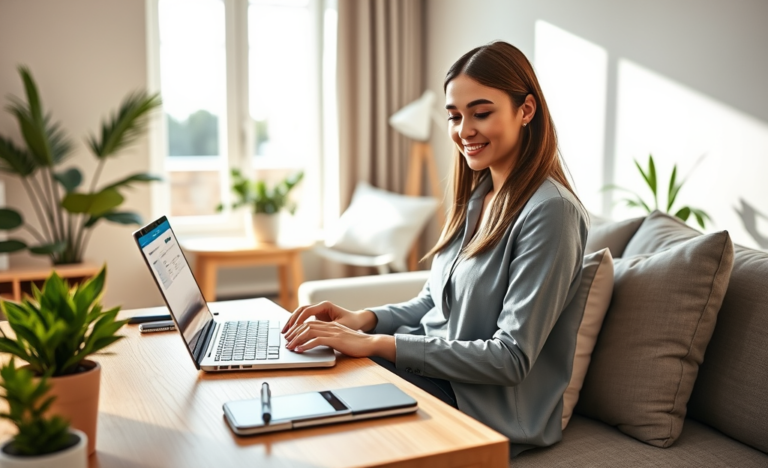 Mulher profissional usando laptop em escritório moderno para solicitar crédito online agora mesmo com rapidez e facilidade