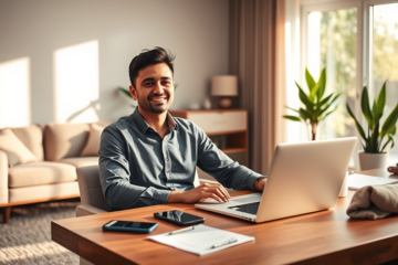 Jovem adulto aprovando empréstimo online nos Estados Unidos com laptop em ambiente moderno e iluminação natural
