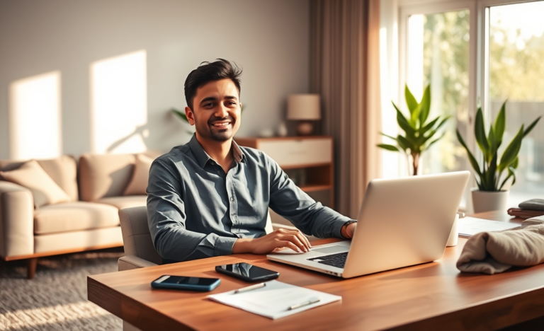 Jovem adulto aprovando empréstimo online nos Estados Unidos com laptop em ambiente moderno e iluminação natural