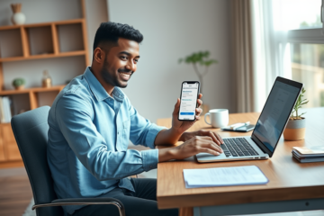 Homem jovem usando laptop e smartphone em escritório moderno para demonstrar empréstimo rápido online prático e acessível