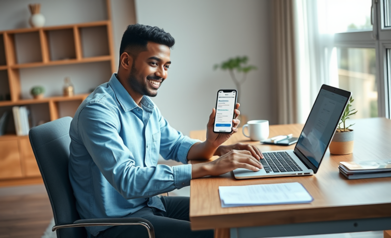 Homem jovem usando laptop e smartphone em escritório moderno para demonstrar empréstimo rápido online prático e acessível
