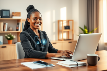 Mulher jovem e confiante acessando crédito digital seguro em laptop em escritório moderno iluminado naturalmente com ambiente profissional