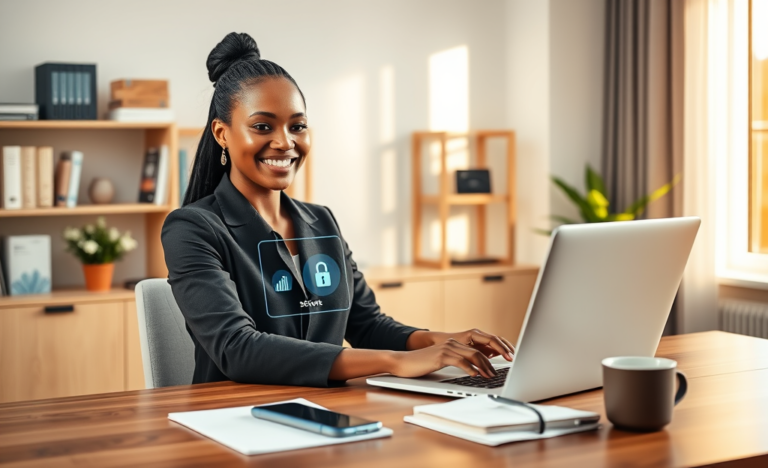 Mulher jovem e confiante acessando crédito digital seguro em laptop em escritório moderno iluminado naturalmente com ambiente profissional