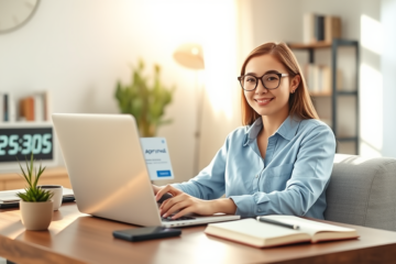 Mulher jovem usando laptop em escritório moderno com luz natural, recebendo empréstimo online rápido direto na conta