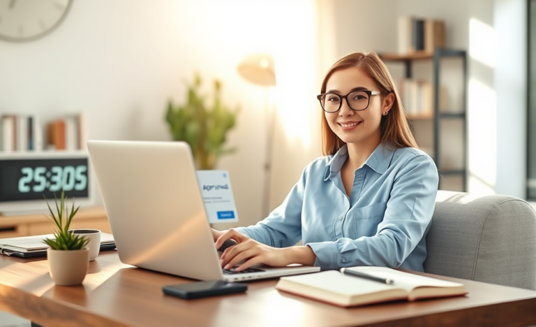 Mulher jovem usando laptop em escritório moderno com luz natural, recebendo empréstimo online rápido direto na conta
