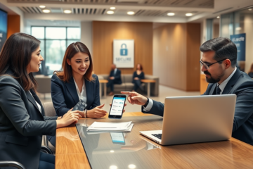 Clientes e consultores em banco moderno nos EUA mostrando como solicitar crédito com segurança via tecnologia e atendimento profissional