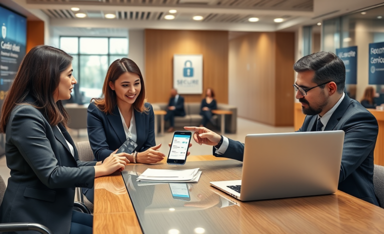 Clientes e consultores em banco moderno nos EUA mostrando como solicitar crédito com segurança via tecnologia e atendimento profissional
