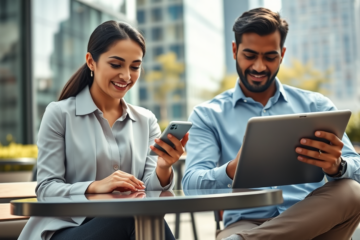 Jovem casal consultando dispositivos digitais em ambiente urbano moderno, explorando crédito digital e vantagens financeiras