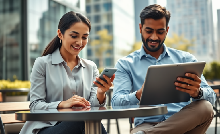 Jovem casal consultando dispositivos digitais em ambiente urbano moderno, explorando crédito digital e vantagens financeiras