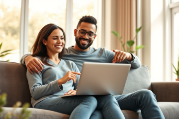 Casal jovem sentado em sala moderna, usando laptop para solicitar empréstimo online Truist Bank com facilidade