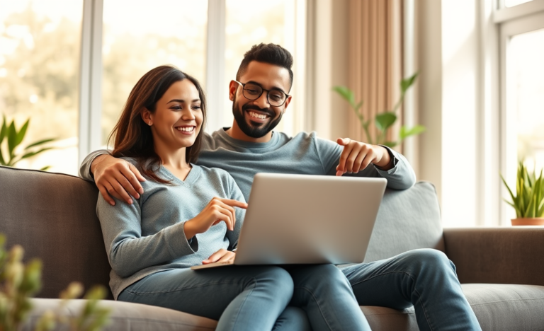 Casal jovem sentado em sala moderna, usando laptop para solicitar empréstimo online Truist Bank com facilidade